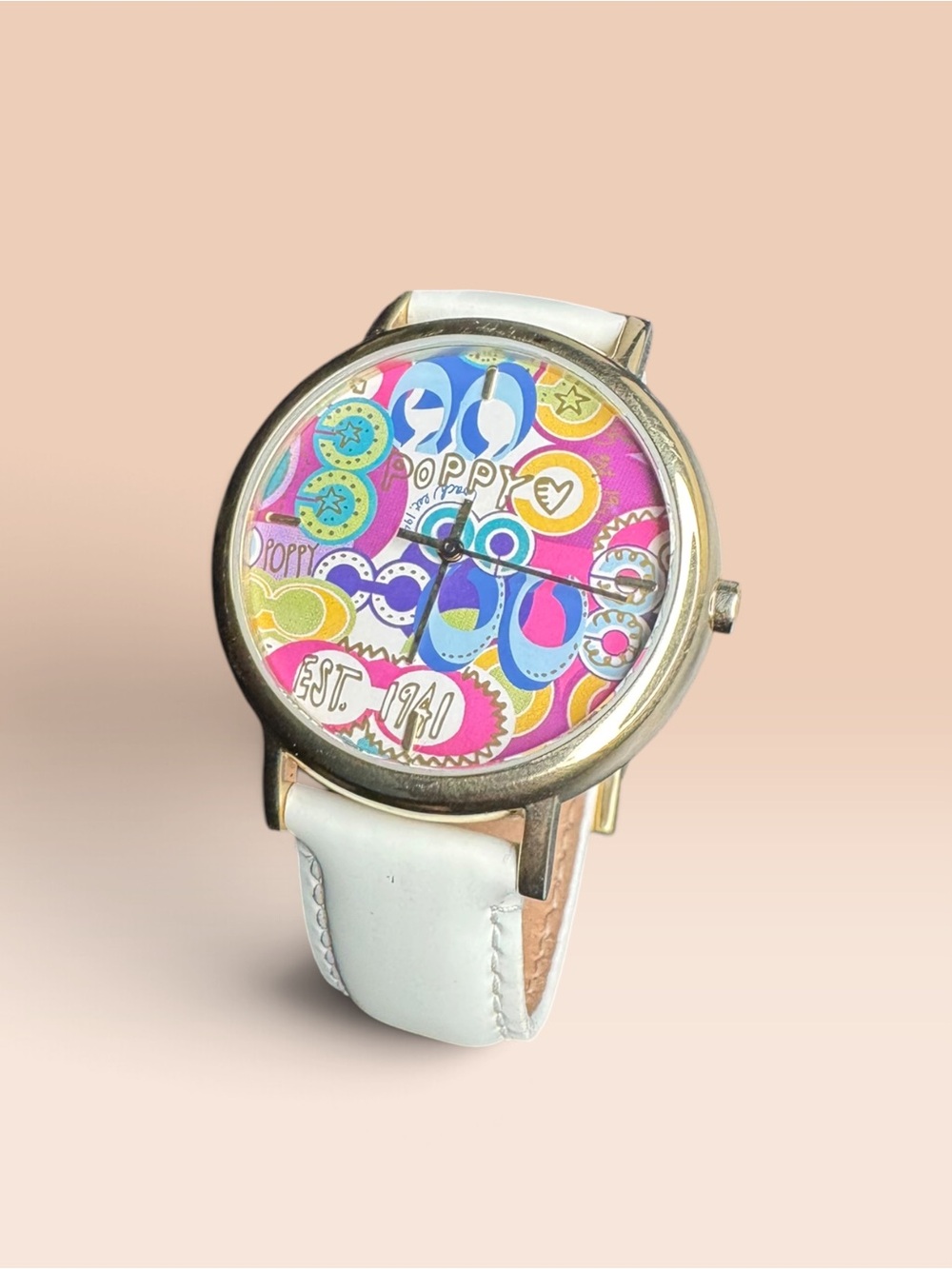 Coach Poppy Graffiti Pop Art Watch White Leather Silver Tone Y2K Rare